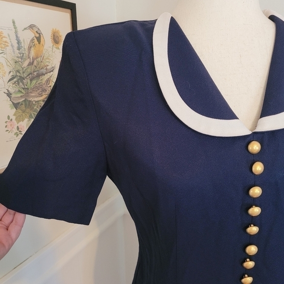 VINTAGE 80s Navy Button Down Collar  Secretary Nautical Dress Size 8 - Picture 6 of 11